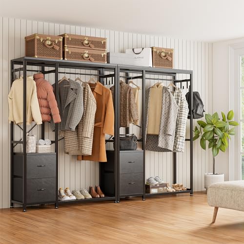Clothes Rack with 2 Rods, Shelves, Drawers & Hooks, Garment Rack | Clothes rack with 2 hanging rods (50lbs each), 2 shelves, 2 fabric drawers & 4 hooks. 300lb total capacity. Fits small spaces - color: Black