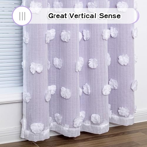 MYSKY HOME Lilac Curtains for Girls Bedroom Kids Curtain 54 Inches Length White Pom Pom Sheer Small Window Curtains 2 Panels Double Layer Curtains Grommet Room Darkening Nursery Curtains, W52 X L54 - color: Lilac, size: 52"W x 54"L (Pack of 2)