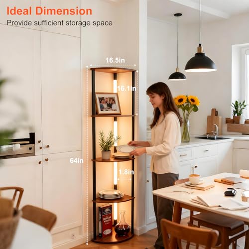 Lightdot Corner Floor Lamps with Shelves, 64Inch 5-Tier Storage Shelf Lamp with Integrated LED Posts/Amber Shelf/Black Frame, Black Display Floor Lamp for Living Room Bedroom/Sofa Beside/Corner Decor - color: 5-Tier-Amber-Black