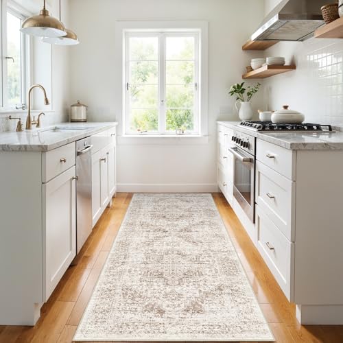 3x6 Washable Runner Rug: Vintage Medallion Kitchen Soft Rugs IvoryBeige | Non Slip Pet Friendly Water Resistant Low Pile Design Easy Clean Durable for Entryway Hallway and Indoor High Traffic Areas - color: Ivory/Beige, size: 3x6