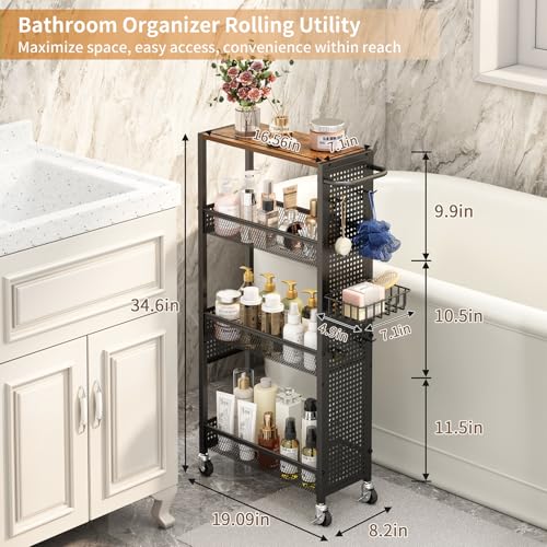 Slim Storage Rolling Cart: 4-Tier Narrow Metal and Wood Utility Cart with Wheels for Kitchen/Laundry/Bathroom(Black) - color: Black, size: 7.1