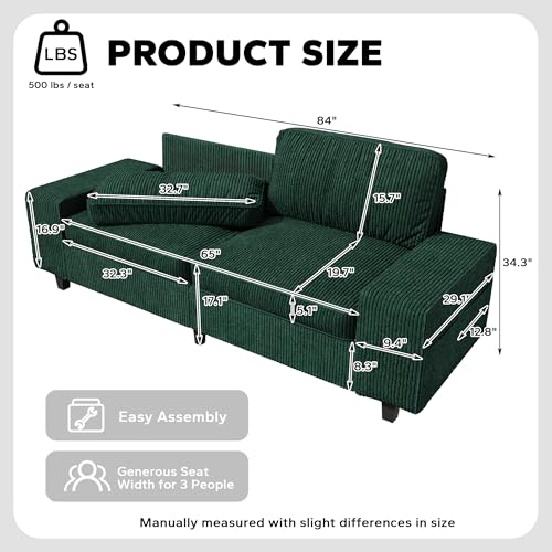 84" Corduroy Loveseat Couch, 3 Seater Retro Sofa with 4 Side Pockets, Removable and Washable Cushions, Mid Century Modern, Living Room, Apartment, Office (Green) - color: Green Corduroy, size: 84 "