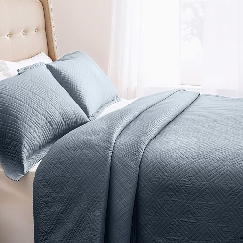 Clara Clark Quilts Twin Size - All Season Bedspread Coverlet Set, Pinsonic Weave Lightweight Bedding Set - 5 Piece Twin Quilt Set with Pillow Shams, Steel Blue - Twin Diamond - color: 21 – Slate Blue – Diamond, size: Twin
