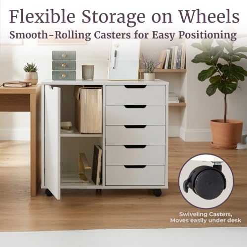 5 Drawer Office Storage Cabinet - Wooden Lateral File Cabinet with 5 Drawers, Door, and Adjustable Shelves - Rolling Printer Stand for Home Office Organization and Storage by Lavish Home (White)