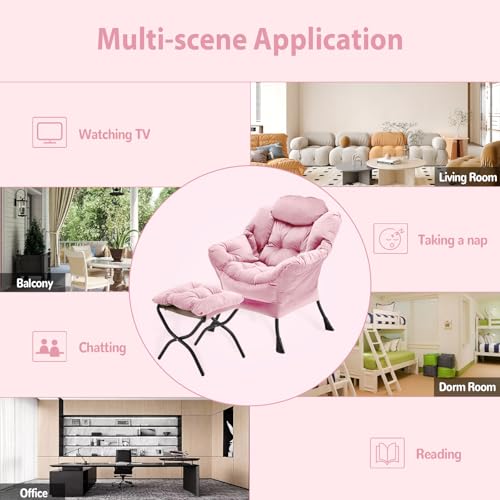 Youtanic Lazy Chair with Folding Ottoman, Accent Chair Velvet Upholstered with Metal Structure and Non-Slip Pads, Sofa Armchair with Footrest and Side Storage Bag for Dorm, Room, Office, Pink - color: Pink