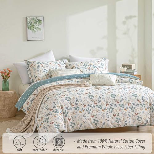LEMIROE Botanical Cotton Comforter Queen Size - Lake Green Comforter with Dusky Blue & Warm Rust Leaves on Ivory,Reversible Lightweight Bedding Sets 3Pcs(Polka Dot) - color: Botanical & Polka Dots - Lake Green, size: Full/Queen (90"×90")