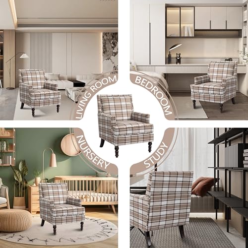 Accent Chair, Plaid Gingham Cozy Comfy Modern Accent Chairs | Mid-Century Upholstered Lounge Arm chair With Solid Wood Frame for Living Room/Bedroom-Brown plaid - color: Brown Plaid-sackcloth-s001