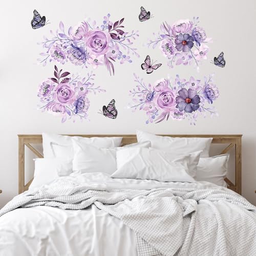 Zonon 6 Pcs Flowers Wall Decals Stickers Vinyl Removable Peel and Stick Colorful Dragonflies Floral Wall Murals Decor for Bedroom Living Room Nursery(Flower and Butterfly) - style: Flower and Butterfly