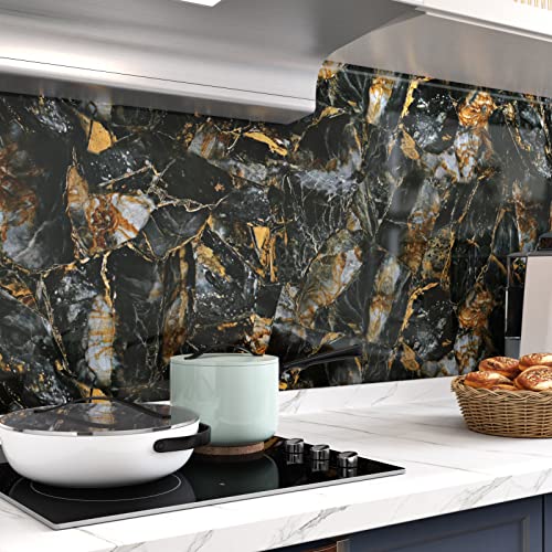 Wallercity Glossy Black/Gold Marble Wallpaper for Backsplash Peel and Stick Countertops Self Adhesive Wall Paper Sticker Waterproof Kitchen Marble Contact Paper for Cabinets Shelf Liner 15.8''x78.7'' - size: 15.8" x 78.7"