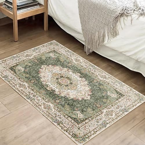 Small Rugs 2x3,Green Rug for Entryway Bedroom Entrance Doormat | Boho Vintage Bohemian Distressed Washable Accent Floor Throw Carpet for Bathroom Kitchen Non Slip,Floral - color: New Green, size: 2'x3'