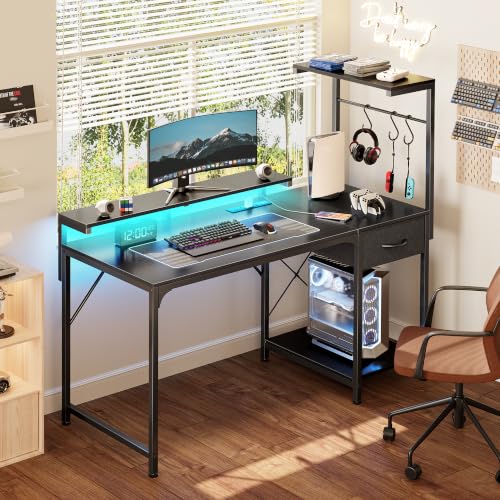 47.2 Inch Gaming Desk with LED Lights & Power Outlets | Computer Desk with Drawer & Storage Shelves, Office Writing Desk with Monitor Stand for Work from Home, Black - color: Black, size: 47.2 Inch