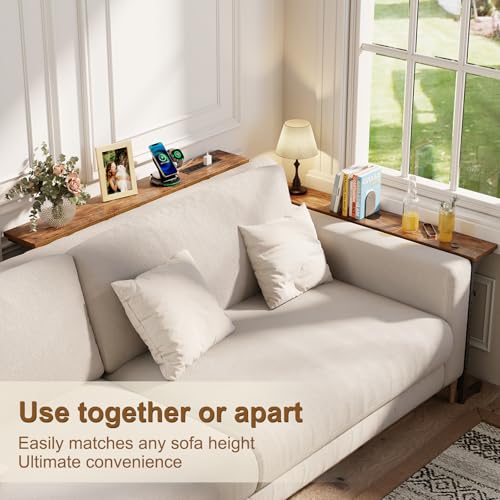 keomaisyto 2 Pack Narrow Sofa Table with Power Outlets, 22"-32" Height Adjustable Behind Couch Table, Skinny Console Table for Living Room,78.8" Long x 5.9" Wide, Rustic Brown