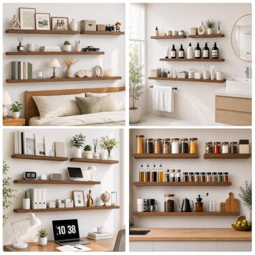 RICHER HOUSE 55Inch Long Floating Shelves, 12" Deep Wood Wall Shelf, Walnut | Wide Wall Shelves for Bedroom Kitchen Bathroom Wall Mounted Shelves, Wooden Bookshelf with Invisible Bracket, Walnut, 2 Pack - color: Walnut, size: 55in