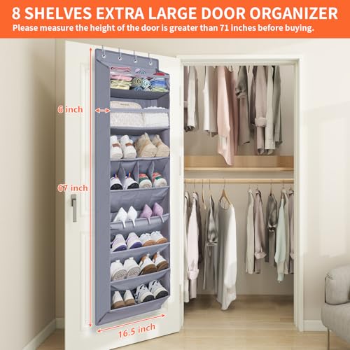 1 Pack Over The Door Shoe Organizer, 8 Shelves Hanging Shoe Organizers, | 68" Exlarge Deep Pockets Shoe Rack for Closet, Shoe Holder for Boots, Sneakers, Heels, Over Door Organizer in Home, RV, Grey - color: GREY, size: 25+ Pairs