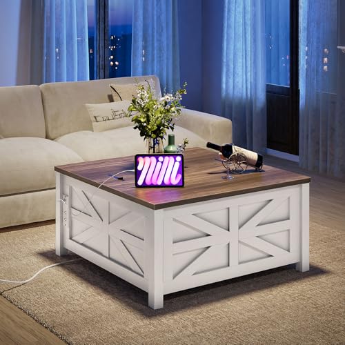 31.5" Lift Top Coffee Table, Farmhouse Coffee Table with Charging Station and Storage, 2 AC Outlets and 2 USB Ports, White and Walnut MKF02UWAN1