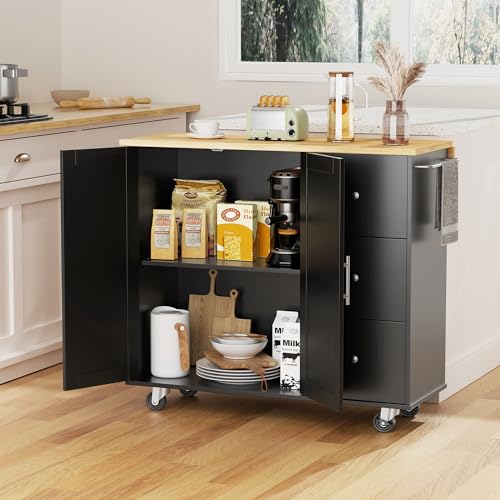 JY QAQA 40" Kitchen Island Cart Furniture cart on Wheels Rolling Portable Dining Room Serving Utility Carts Mobile Movable with Drawers Cabinet,Black - color: Black, size: 40-IN