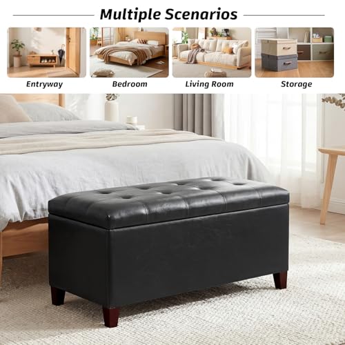 Storage Ottoman Bench, 33 Inches Faux Leather Rectangle Tufted Foot Stool for End Foot of Bed, Bedroom, Living Room, Black - color: Rectangular Black