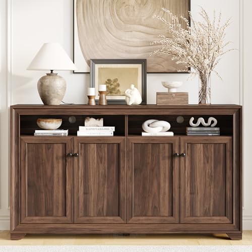 60 Inches Sideboard Buffet Cabinet with Storage and 4 Doors, Brown | Large Sideboard Kitchen Cabinet with Open Shelf & Adjustable Shelf, Kitchen Coffee Bar Console Table for Living Room, Hallway - color: Brown