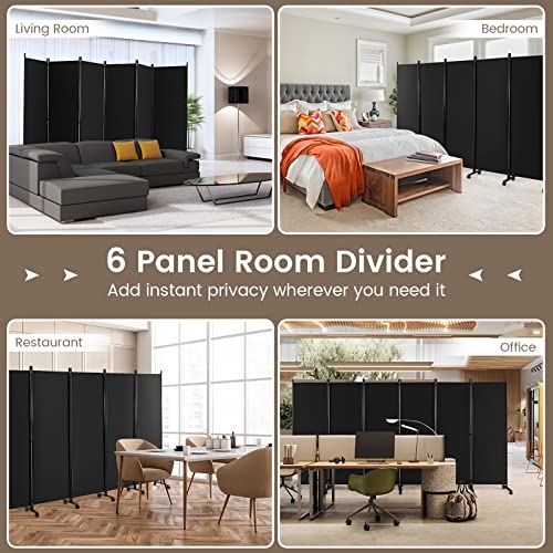 NAFORT 6 Panel Folding Room Divider for Room Separation, Freestanding Privacy Screen with Lockable Universal Wheels, Fabric Wall Partition Screen for Living Room, Bedroom, Office, Black - color: Black