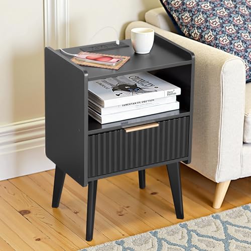 MAHANCRIS Black Nightstand with Charging Station, Modern Bedside Table with Drawer and Storage Shelf, End Side Table with Solid Wood Legs, Night Stand, Living Room, Bedroom, Small Space, ETBK61E01 - color: Black