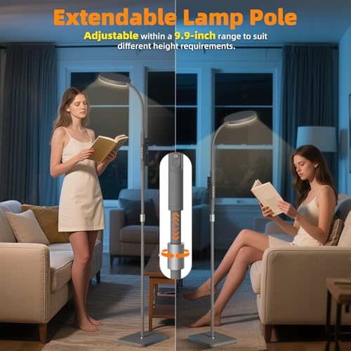 PACOVY 플로어 램프, 거실 침실용 높이 조절 가능한 플로어 램프, 120 LED 매우 밝은 스탠딩 램프 리모컨 조도 조절 가능한 구즈넥 톨 스탠드 독서 램프, 사무실 공예용, 매트 그레이 - color: 회색.