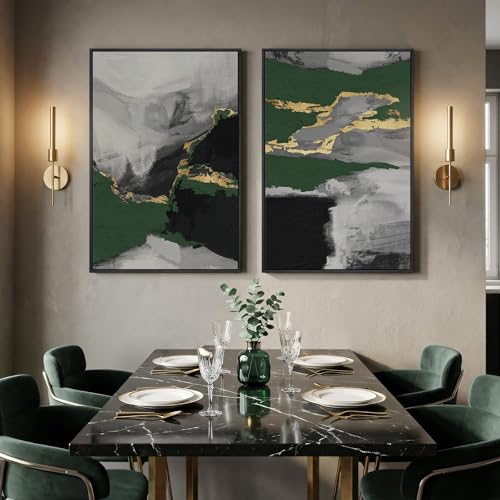 Large Framed Green Abstract Wall Art, 2 Piece Modern Canvas Prints Paintings, Black and Gray Pictures with Gold Accents for Living Room Hallway Dining Room Bedroom Office Wall Decor 24x36 In - color: Metallic-Emerald, size: 24" W x 36" H x 2Pcs