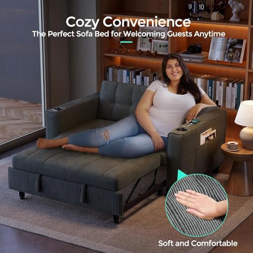 LINSY Sleeper Sofa Bed, 54" Pull Out Couch with Charging Station & Cup Holder, Small 3 in 1 Convertible Loveseat Sleeper Couch for Apartment, Dorm Room, Bedroom and Small Space, Gray - color: Dark Gray