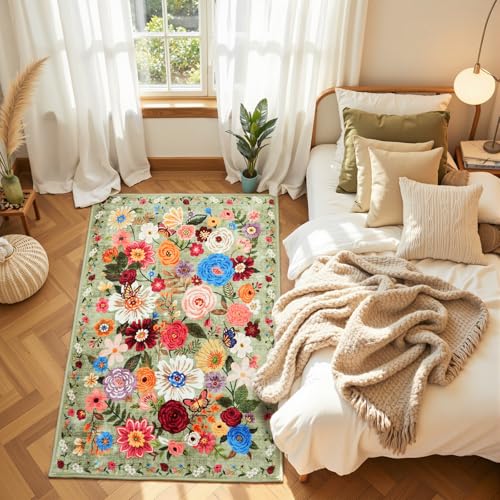 Green Floral Area Rug 3x5 for Bedroom Entryway | Ultra-Thin Non Slip Machine Washable Soft Ideal for Dorm,bathroom ,bedroom,Stain Resistan - color: Green, size: 3' x 5' (Rectangular)