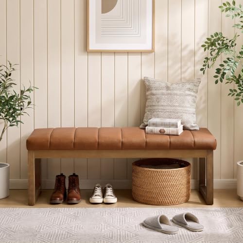 52.7" Bedroom Bench for End of Bed, Faux Leather Entryway Bench (Brown-PU) | Modern Upholstered Dining Bench & Footrest Stool Bench with Solid Wood Frame for Bedroom, Living Room - color: Brown-pu