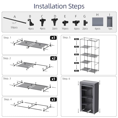 Gray Cover Portable Closet with 6 Shelves & 2 Hanging Rods | Wardrobe closet easy to assemble. Good storage functionality for basic needs. 34.6"×17.7"×66.1". Bedroom, dorm, apartment. - size: Medium