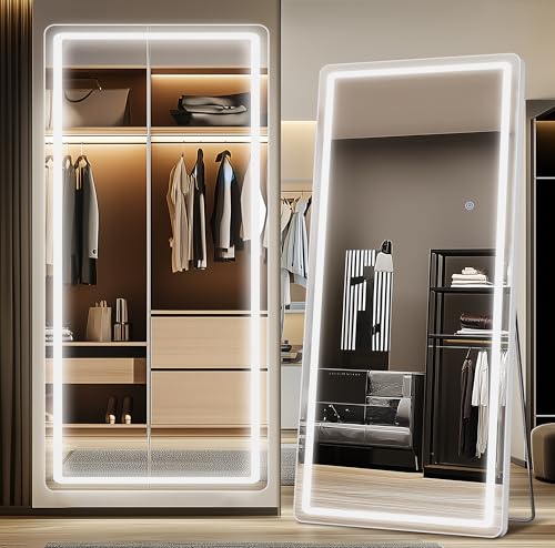 Antok LED Full Length Mirror with Light, 76"x34" Lighted Full Body Mirror with Stand, Dimmable & 3 Color Lighting Standing/Leaning/Wall Mounted Vanity Mirror for Bedroom Cloakroom Livingroom(Rect) - size: 76"L x 34"W, style: Rect Style