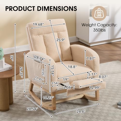 Rocking Chair Nursing, Rocker Chair with Footrest (Beige) | Teddy Boucle Upholstered Accent Reading Chair with High Back & Side Pocket for Living Room Bedroom Nursery Office - color: Beige