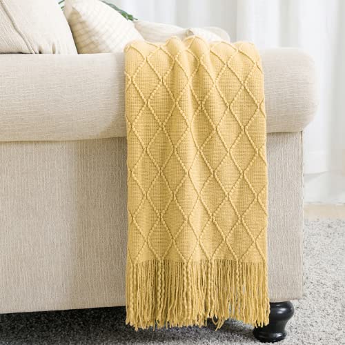BOURINA Mustard Throw Blanket 50x60 Inch Boho Knit Soft Throw Sofa Blanket | Knitted Throw Blanket 50x60 Inches, Soft Lightweight Boho Weave Throw Decorative Couch Blanket for Living Room Bedroom Chair - color: Mustard, size: 50"x60"