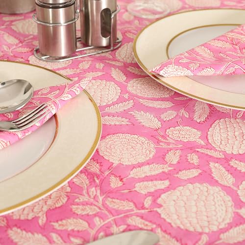 Labhanshi Floral Hand Block Print Cotton Tablecloth, Hot Pink, 60x90 - color: Hot Pink, size: 90" x 60" (Rectangular)