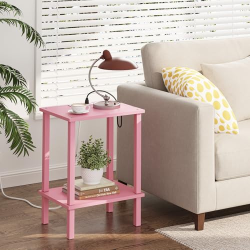 TUTOTAK End Table with Charging Station, Side Table Set of 2, Nightstand | 2-Tier Storage Shelf, Bedside Table with USB Ports, Sofa Table for Small Space, Livingroom, Bedroom Pink TB01BP041 - color: Pink