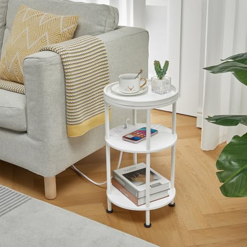 Small Round End Table with Charging Station, 3-Tier Accent Couch Beside Table with USB Ports & Power Outlets, Sofa Side Table for Living Room Small Nightstand Bedroom (USB Charger, White) - color: White, style: USB Charger