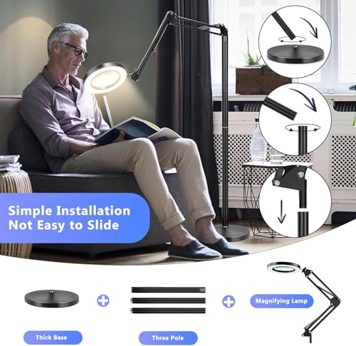 10X Large Floor Magnifying Glass with Light and Stand, 3-in-1 Adjustable Height Lighted Magnifier, 72 LED Floor Lamp 5 Color Stepless Dimmable Arm Swing Floor Magnifying Lamp for Reading - color: Black