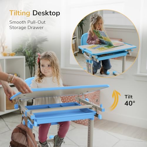 Mount-It! Kids Desk and Chair Set, Height Adjustable Sturdy, Kid Study Workstation and Chair Set for Boys, Home School, Arts, Drawing, Crafts, Ergonomic Childrens Storage Drawer Blue - color: Blue