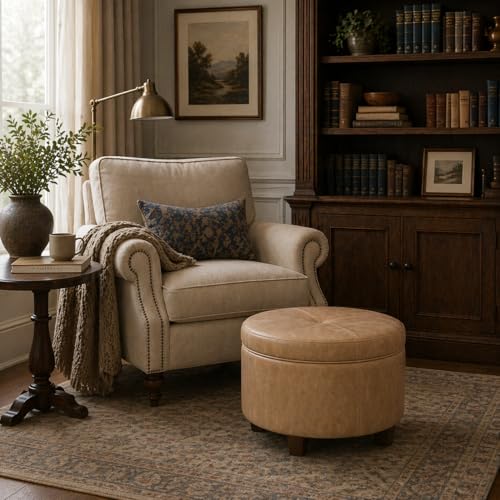 HomePop 24" Large Leatherette Storage Ottoman - Sand Faux Leather - color: Sand Faux Leather