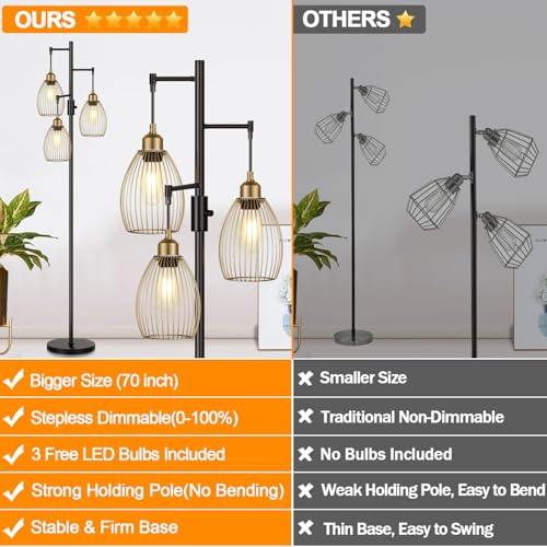 Dimmable Floor Lamp, Industrial Floor Lamps for Living Room, Gold and Black Tree Lamp Standing Lamp Tall Lamps with 3 Elegant Teardrop Cage Head & 800 Lumens LED Bulbs for Living room Bedroom Office - color: Black and Gold -70 inches