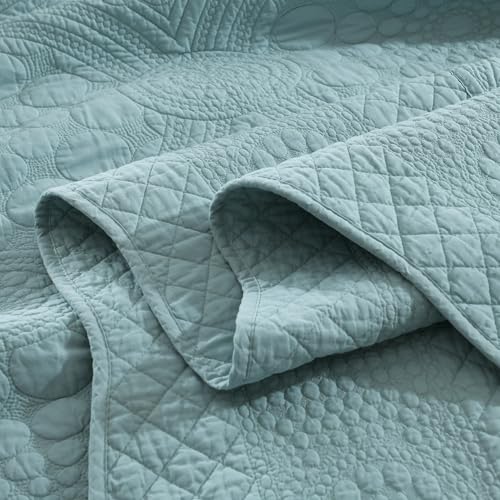 MarCielo 100% Cotton Quilt Set - 3-Piece Embroidered Farmhouse Bedspread & Shams, All-Season Breathable Bedding (Tf Aruba Blue, Queen) - color: Tf Aruba Blue, size: Queen (98" x 90")