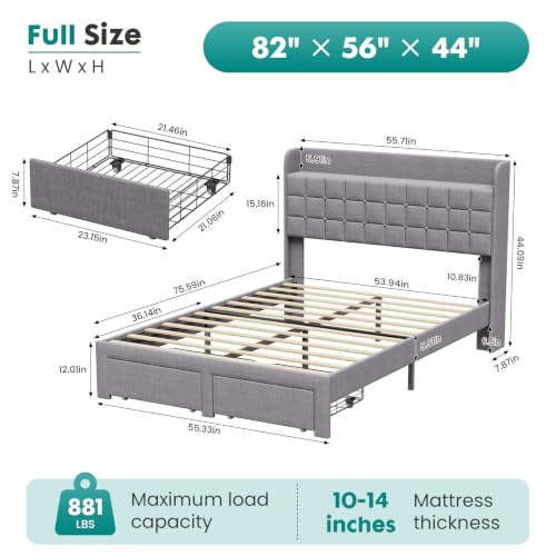 DUMOS Full Bed Frame, Upholstered Platform Bed Frame with Storage Drawers | Full Size Bed Frame With Storage Drawers, with Headboard, Wood Bed Slats Support 882 lbs, No Box Spring Needed, Grey - color: Dark Gray, size: Full (U.S. Standard)