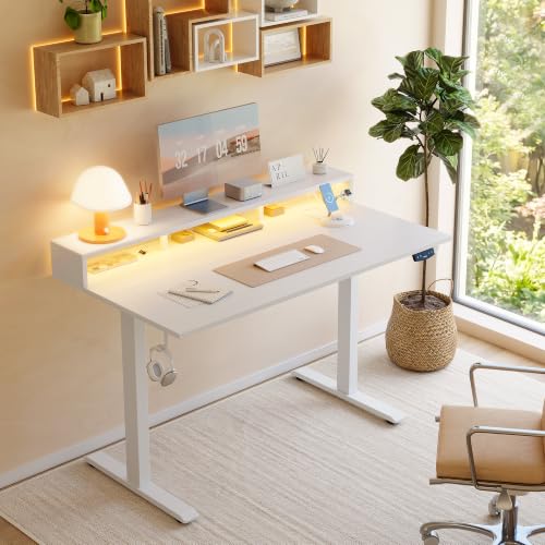 Klicelor Electric Standing Desk with Shelf, 55 Inch Height Adjustable Desk with Power Outlets & LED, Sit Stand Up Table with Monitor Stand, Computer Workstation for Home Office, White - color: White, size: 55 x 24 Inches with led and power strips