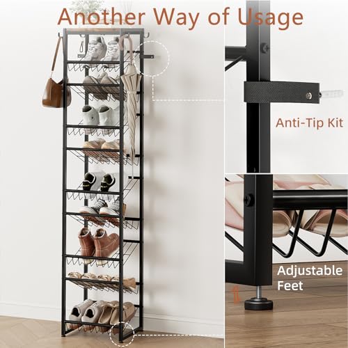 10 Tier Rotating Vertical Shoe Rack Tower, Wooden Tall Shoe Storage Organizer with Hooks, Sturdy Metal Narrow Shoe Shelf for 20 Pairs, Space Saving Rack for Closet Entryway, Rustic Brown - size: 10-tier(13.9 × 11.2 × 65.4)