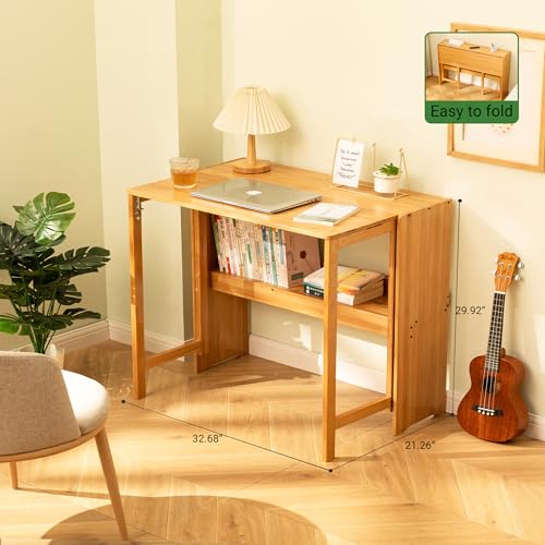 Bamboo Folding Desk, Mid Century Modern Sturdy & Space-Saving Hideaway Desk for Home Office Bedroom Small Spaces, Fold Out Desk with Storage Ergonomic Height Murphy Desk (Natural) - color: Natural