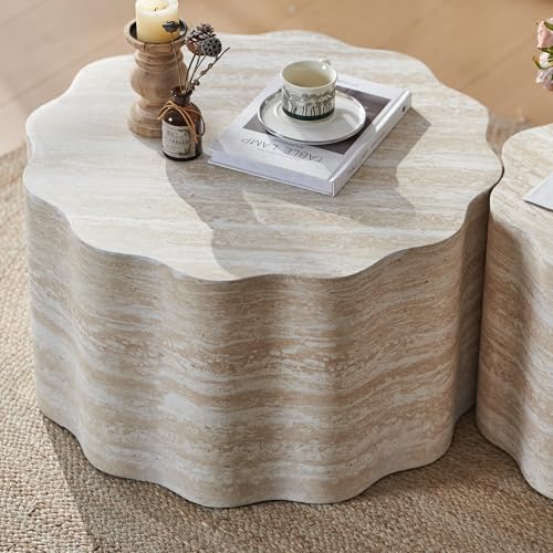 Nesting Coffee Table Set of 2, Modern Wood Center Table for Living Room, Faux Mars Pattern Side Table Accent End Table for Apartment Office, No Need Assembly (26.7"& 23.6") - color: 26.7"& 23.6" Beige Brown