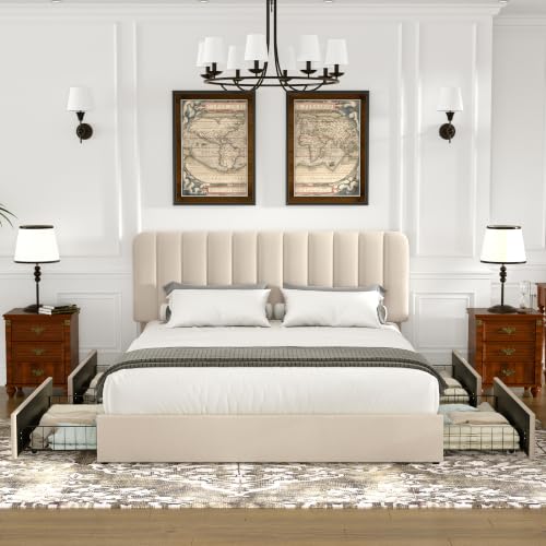 VECELO Queen Size Upholstered Bed Frame with 4 Drawers and Headboard, Velvet Platform Storage Bedframe, Wooden Slats Support, No Box Spring Needed, Beige - color: Beige, size: Queen, style: Bed Frame with Drawer