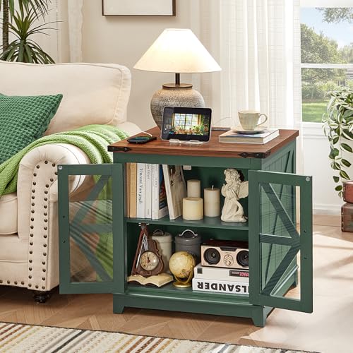 Joaxswe Farmhouse End Table Set 2 for Living Room, Charger Station | USB Ports, Glass Barn Door, Solid Wood Legs, 24" Large Sofa Side Table, Adjustable Shelf, Green Square Table for Bedroom - color: Olive Green, size: Set 2