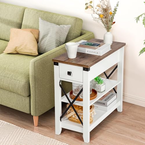 Awescuti Narrow End Table with Charging Station - Farmhouse Slim Side Table, w/USB Ports Power Outlets, Nightstand w/Flip Top Storage Drawer, for Small Spaces Living Room Bedroom, Brown White - color: Brown Top, size: Single