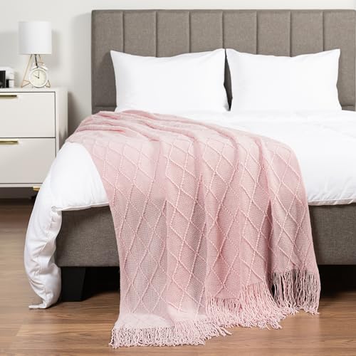 PAVILIA Light Pink Knit Throw Blanket, Soft Knitted Farmhouse, 60x80 | Twin Bed, Lightweight Decorative Summer Fall Throw, Outdoor Textured Boho Blanket, For Couch Sofa Chair Living Room Bedroom - color: Blossom Pink, size: 60 X 80 Inches - Twin